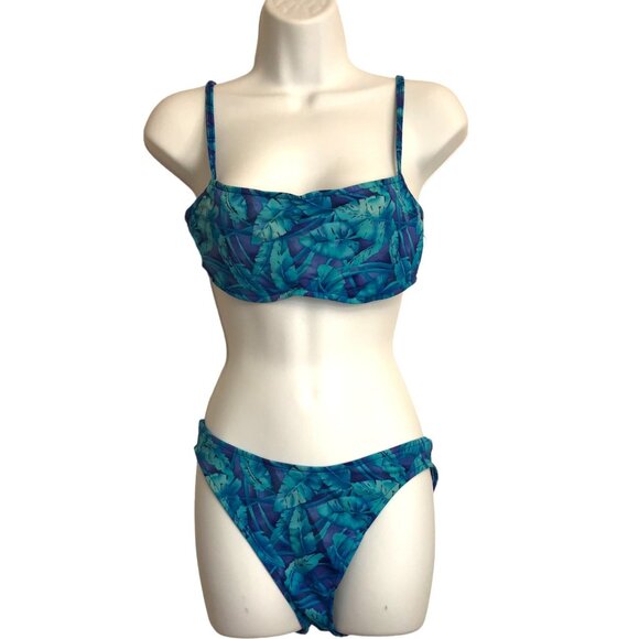 Vintage 90s LEILANI Tropical Palm Print Bikini 2pc High Waisted Swimsuit Sz 8 - Picture 1 of 6